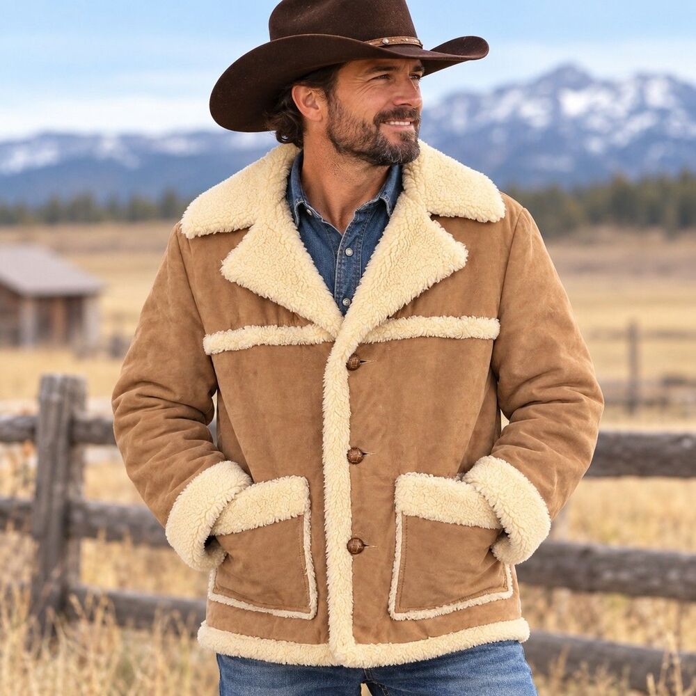 Vintage Wiman XL Faux Suede Sherpa Lined Ranch Coat Made USA Western 70s Tan